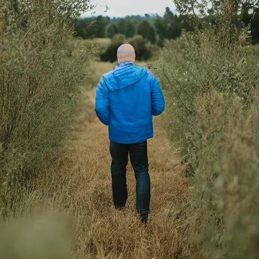 Image similar to steven bonnell ii in a blue jacket walking in a field, 2 0 mm sigma lens, sony a 7 siii