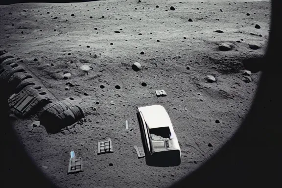 Image similar to a wide angle photo of a bus on the moon