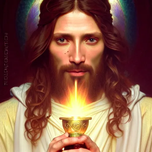 Prompt: portrait painting of a jesus holding a eucharist and chalice, ultra realistic, concept art, intricate details, highly detailed, photorealistic, octane render, 8 k, unreal engine. art by artgerm and greg rutkowski and magali villeneuve and alphonse mucha