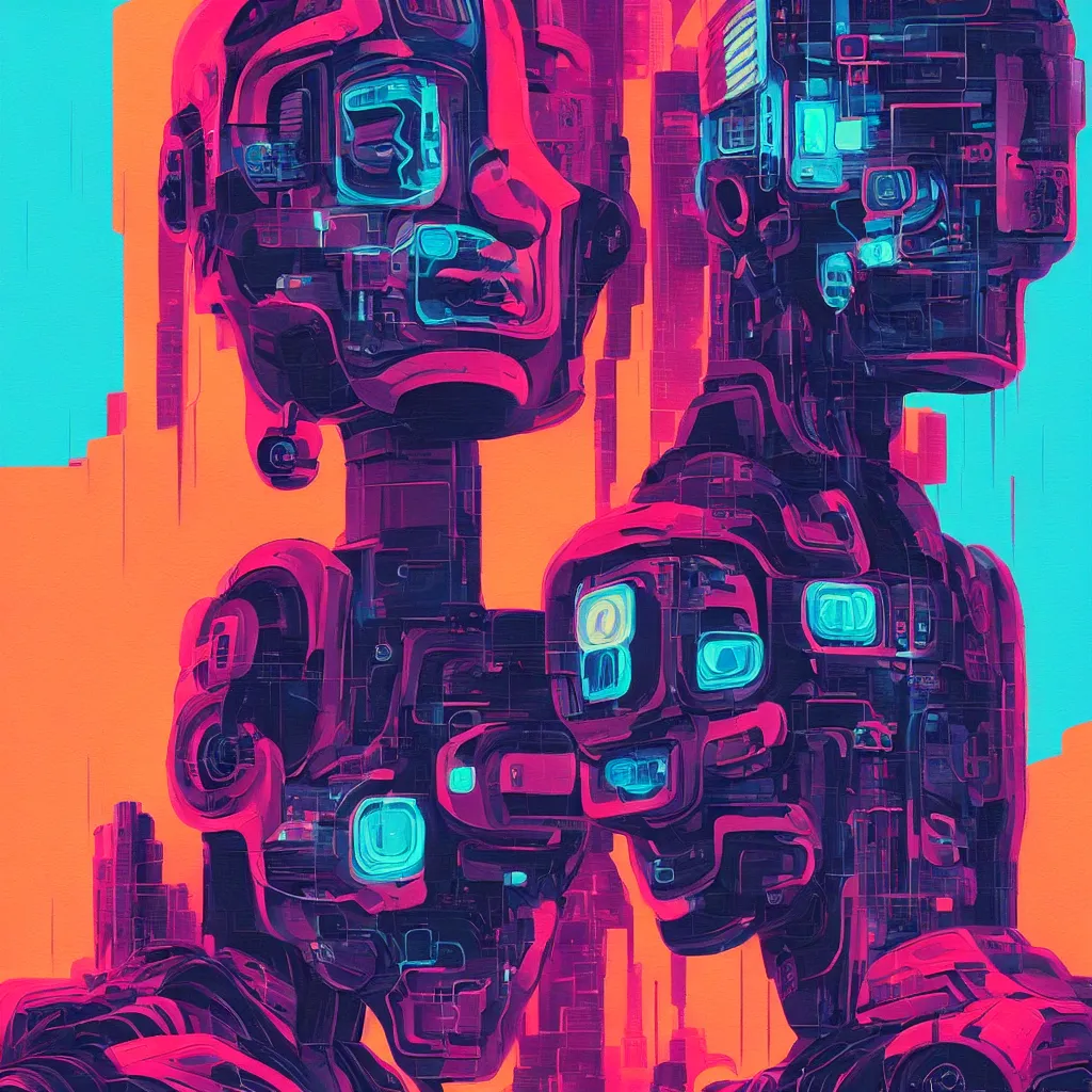 Image similar to a graph - style gouache impasto huge robot head in front of her, cyberpunk art by by james gilleard, cgsociety, retrofuturism, synthwave, retrowave, outrun