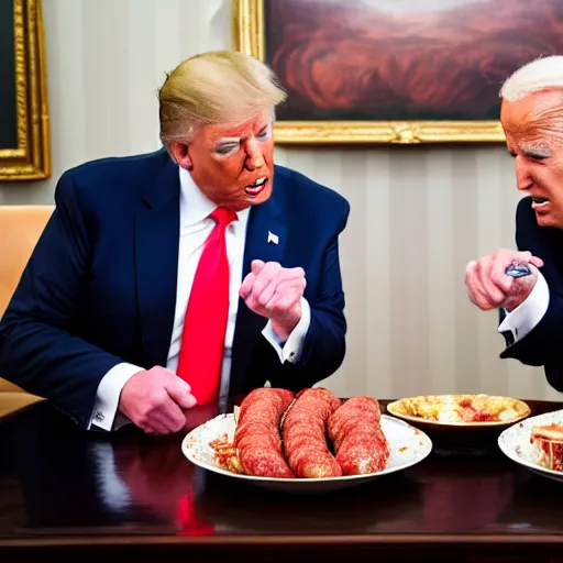 Prompt: Donald Trump and Joe Biden fighting over a sausage, Canon EOS R3, f/1.4, ISO 200, 1/160s, 8K, RAW, unedited, symmetrical balance, in-frame