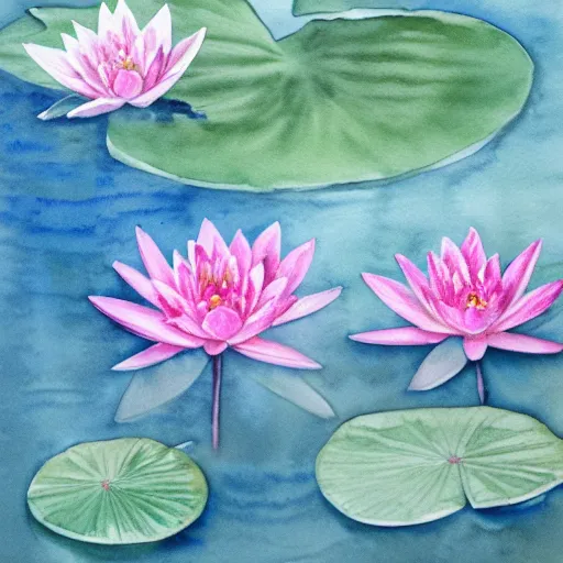 Image similar to watercolour painting of waterlilies with a teal background