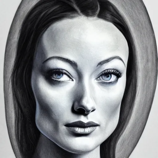 Prompt: Olivia Wilde, pencil drawing. El Greco, Remedios Varo, Salvador Dali, Carl Gustav Carus, John Atkinson Grimshaw. Blue tint. Symetrical, logo, geometric shapes.