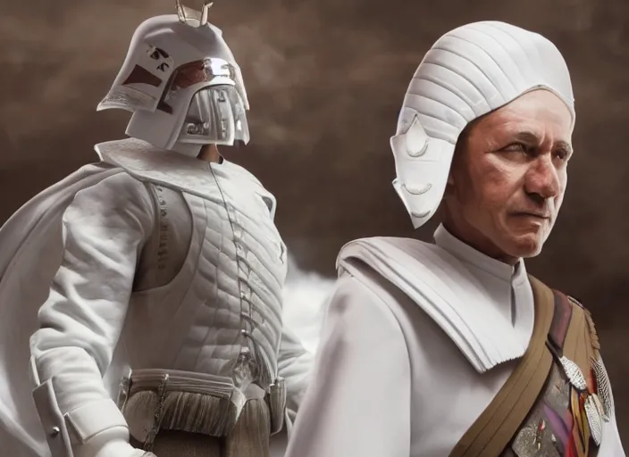 Prompt: proud general wearing a white imperial general uniform, hist arms are behind his back, ultra realistic, 4 k, movie still, uhd, sharp, detailed, cinematic, render, modern