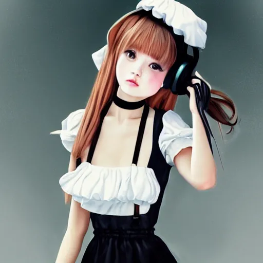 Image similar to realistic detailed semirealism beautiful gorgeous cute Blackpink Lalisa Manoban wearing white camisole maid outfit maid costume, white hair white cat ears blue eyes, headphones, black leather choker full HD 4K high resolution quality WLOP, Aztodio, Taejune Kim, Guweiz, Pixiv, Instagram, Artstation