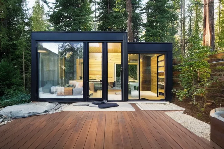 Prompt: small and cozy modern backyard finnish sauna with glass sliding door in a canadian backyard | beautiful architecture