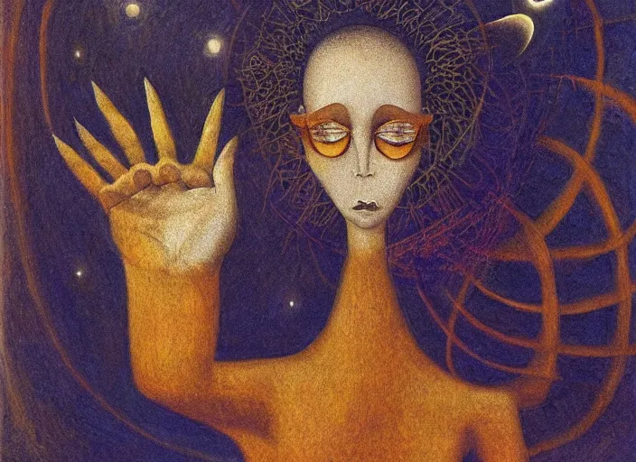 Prompt: a shaman woman holding up the universe, by remedios varo, reflection, symbolist, soft colors, dramatic lighting, smooth, sharp focus, extremely detailed, aesthetically pleasing composition