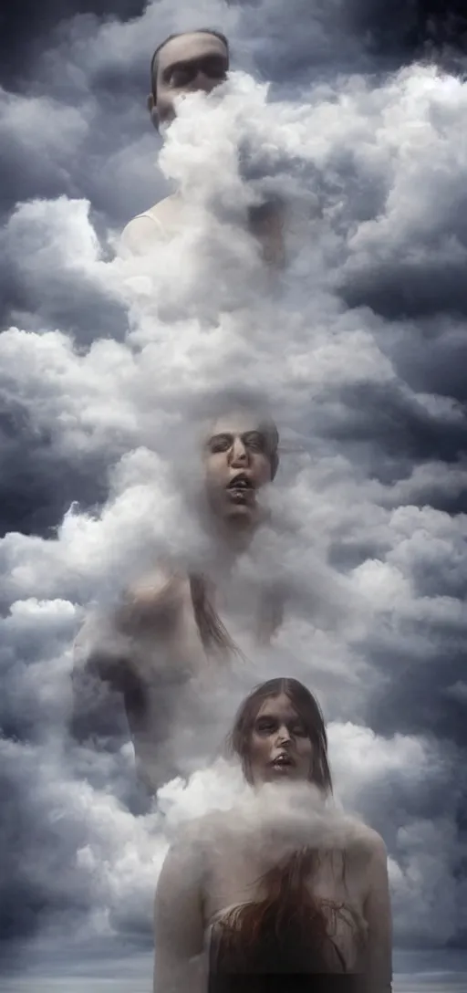 Image similar to human faces trapped in clouds, scary, horror, weird, surreal