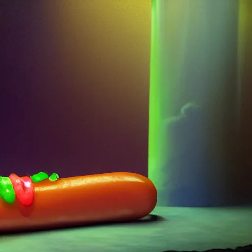 Image similar to a neon translucent transparent plastic hotdog surrounded by bits of fur, popsicles, and exotic tropical plants, chiaroscuro baroque painting, still life, detailed octane render, 8k