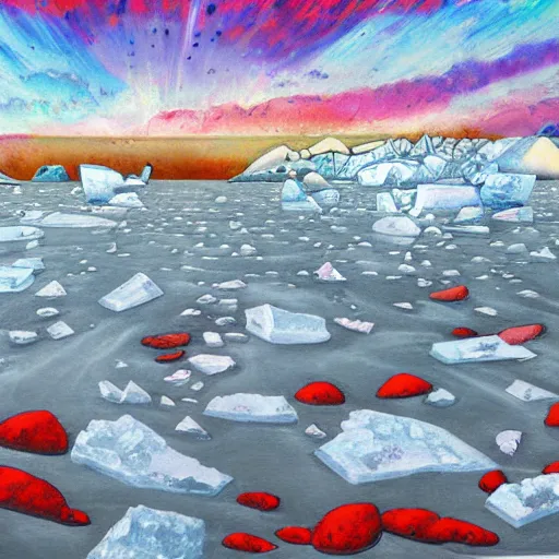 Prompt: beautiful painting of an ice floe meeting magma in the middle, textured, skewed perspective