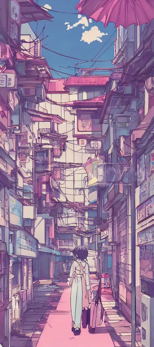 Image similar to beautiful anime! style vaporware cartoon japan, kawaii anime manga style, illustration, aesthetic, minimalistic simple, neon pastel, in the style of hayao miyazaki