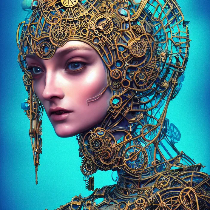 Prompt: beautiful symmetrical face portrait android woman time machine axonometric mechanical fantasy intricate elegant highly detailed in volumetric void of latent space lush flowers intricate jewellery, realm of the gods golden turquoise steampunk, axonometric high contrast cinematic light, mystical shadows, digital painting, sharp focus, octane render, photographic, concept art, artist leonardo davinci, unreal engine 8 k