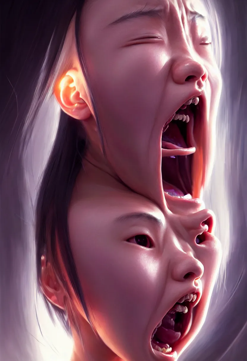 Prompt: beautiful render of a face, waist up portrait of a futuristic cute japanese teenage girl screaming in anger and frustration, intricate, elegant, highly detailed, digital painting, artstation, concept art, smooth, sharp focus, octane render, dramatic lighting, symmetry, symmetrical face, ONE FACE, headshot, art by greg rutkowski and wlop