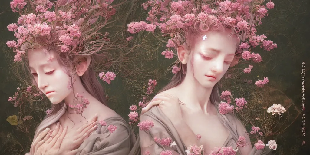 Prompt: breathtaking detailed weird concept art painting of the goddess of light pink flowers, orthodox saint, with anxious, piercing eyes, ornate background, amalgamation of leaves and flowers, by Hsiao-Ron Cheng, Miho Hirano, extremely moody lighting, 8K