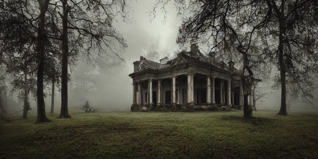 Prompt: a haunted old villa in the middle of an ancient forest, ominous Sky, gloomy atmosphere, cinematic, mist, High definition, 8k, ultra detailed