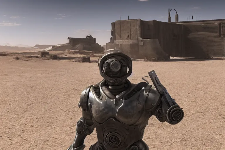 Image similar to a brotherhood of steel fighter in power armor in the desert near a closed hangar, small ripples in the air from the heat, glare from the sun on metal surfaces, realistic proportions, unreal engine style