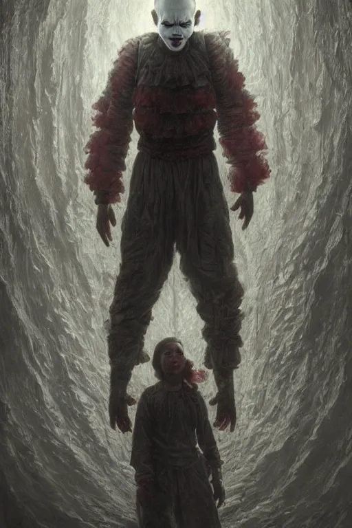 Image similar to realistic portrait beautiful detailed matte painting of cinematic movie scene jet li mutate into pennywise horror, created by gustave dore and greg rutkowski, high detailed, smooth draw, synthwave neon retro, intricate, realistic proportions, dramatic lighting, trending on artstation.