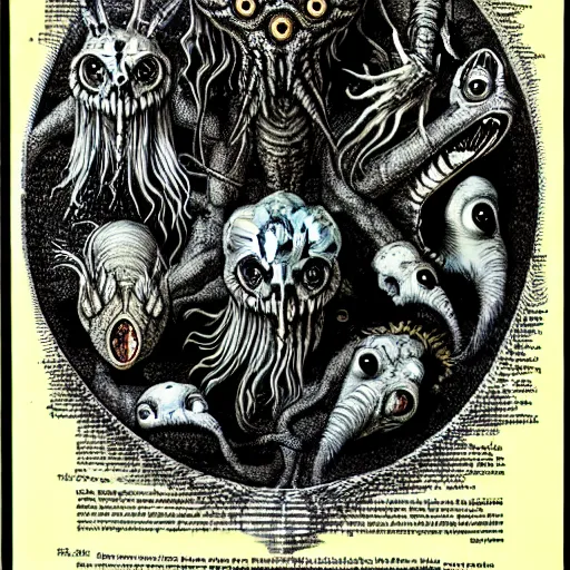 Image similar to bestiary of creatures from the depths of the unconscious psyche