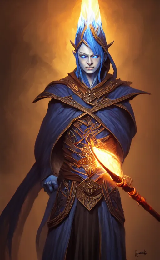 Image similar to legendary dark elf wizard with blue flame staff, highly detailed, d & d, fantasy, highly detailed, digital painting, trending on artstation, concept art, sharp focus, illustration, global illumination, ray tracing, realistic shaded, art by artgerm and greg rutkowski and fuji choko and viktoria gavrilenko and hoang lap
