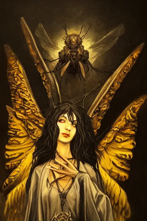 Image similar to portrait of an ominous looming moth angel at a dark shrine, oil on canvas, experimental gothic style, perfect detailed symmetrical face, mood lighting, dramatic, ornate, elegant, detailed, prominent intricate wings, concept art, trending on artstation, javascript enabled