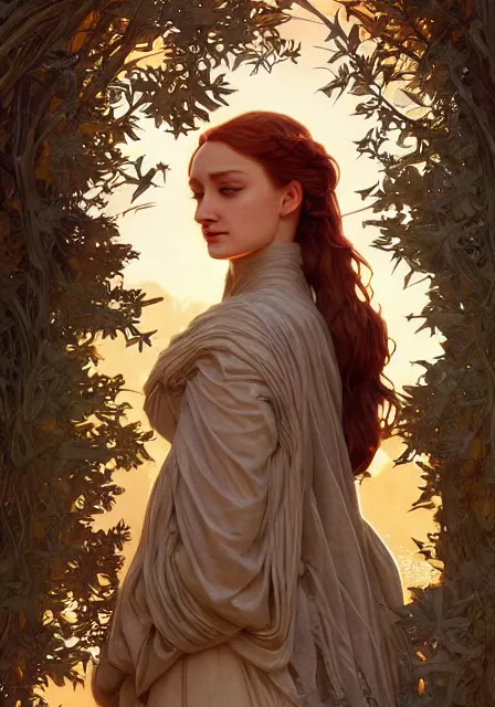 Image similar to sansa stark gold lights sunny autumn, intricate, elegant, highly detailed, digital painting, artstation, concept art, smooth, sharp focus, illustration, art by artgerm and greg rutkowski and alphonse mucha and william - adolphe bouguereau