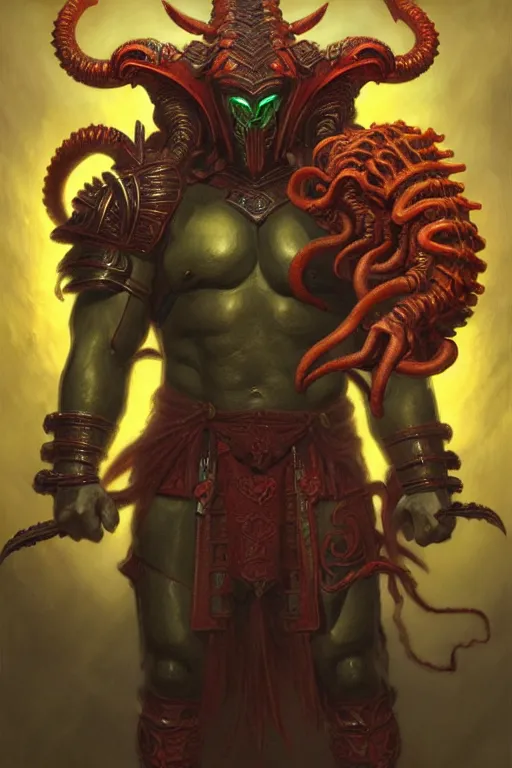 Prompt: attractive beefy male with armor, tang dynasty, character design, colorful, neon lights, cthulhu, painting by gaston bussiere, craig mullins, j. c. leyendecker, tom of finland