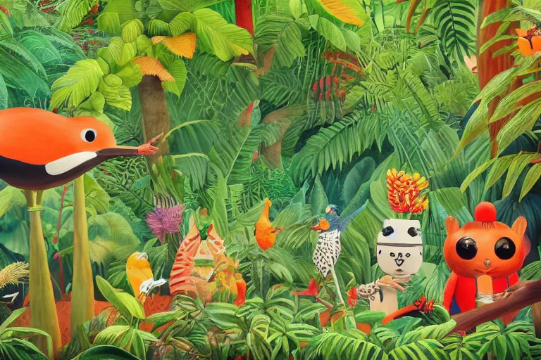 Prompt: rare bird in the jungle, highly detailed, unreal engine render concept art, style of henri rousseau and richard scarry and hiroshi yoshida and mimmo rotella