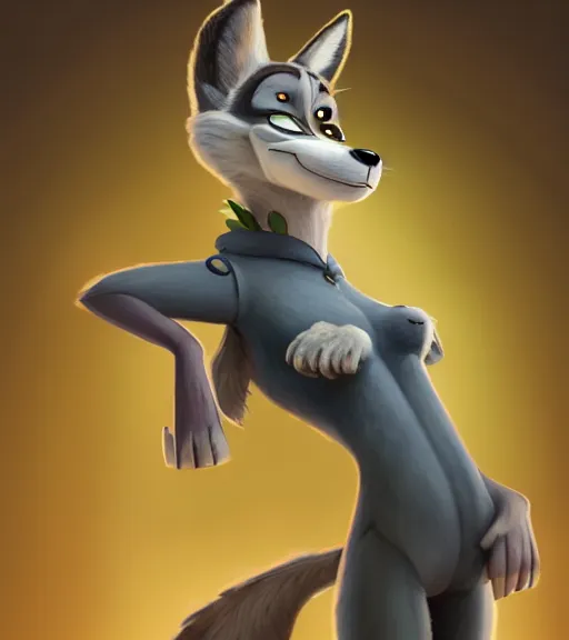 Image similar to oil painting of full body of anthromorphic female wolf, in style of zootopia, zootopia, zootopia, fursona, furry, furaffinity, 4 k, deviantart, furry art, fursona art, wearing black business suit, business suit, in style of zootopia, wolf fursona, cyberpunk, female, expressive detailed feminine face,