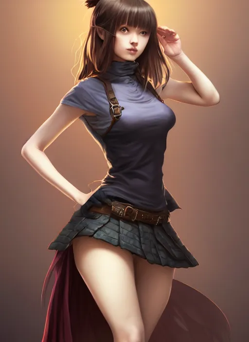 Image similar to portrait of a full body of beautiful young female detective, d & d, sleeveless turtleneck, pleated skirt, fantasy, flat lighting, intricate, highly detailed, digital painting, artstation, concept art, smooth, sharp focus, illustration, misa amane, art by simon bisley and greg rutkowski and alphonse mucha, natural tpose