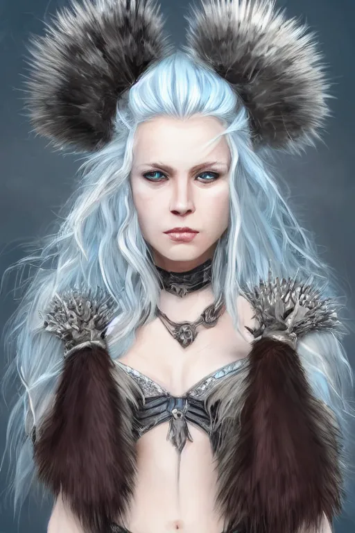 Prompt: beautiful portrait of a female barbarian with white hair, pale blue eyes, looking at camera, D&D, fur cape, full body plated armor, long wild spiky hair, cocky smirk, intricate outfit, elegant, stylish, fantasy, dark fantasy, epic fantasy, extremely detailed, digital painting, artstation, concept art, HD, 8k, smooth, sharp focus, illustration, stunning lighting, art by artgerm and Krenz Cushart and Yoshitaka Amano and Noriyoshi Ohrai and Frank Frazetta, fully clothed, fully dressed