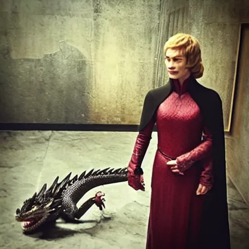 Image similar to “Cersei Lannister, petting her dragon”