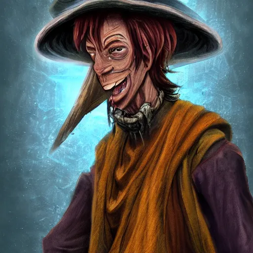 Prompt: Chawick the Fail Wizard, a young scrawny man in ragged and stained wizard's robes and hat. 8k resolution, full-length portrait, digital painting, fantasy art.