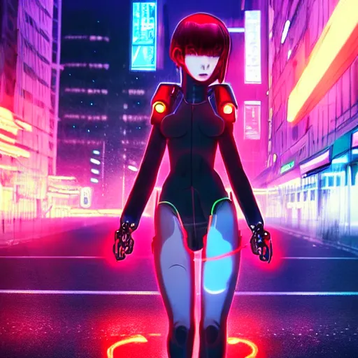 Image similar to digital anime, cyborg - girl standing in the middle of the wet street light bending around her, gaussian motion blur, refracting image, fish eyed lens, black red long hair!, biomechanical details, neon background lighting, reflections, wlop, ilya kuvshinov, artgerm