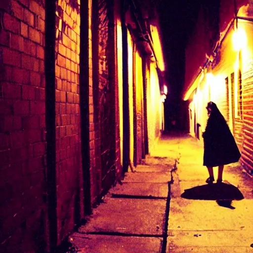 Image similar to a creepy cell phone camera picture of an alleyway in west philadelphia at night, with a college - aged woman in the distance. girl in the photo. directed by david lynch