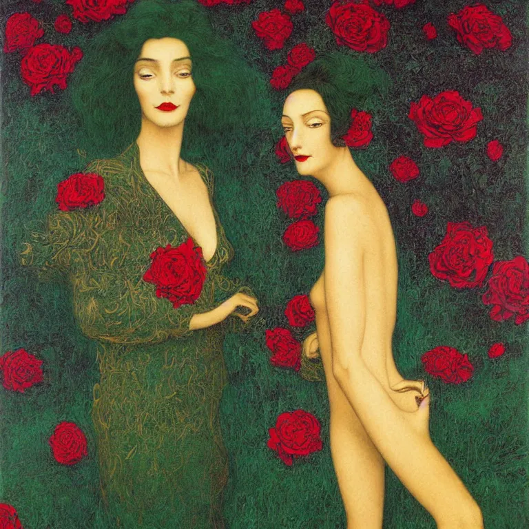 Image similar to !!!dream brunette woman standing in a green dress on a gold background, with black roses and red lips Anton Pic, Jean Delville, Amano, Yves Tanguy, Ernst Heckel, Edward Robert Hughes, Stanislaw Szukalski and Roger Dean photorealism