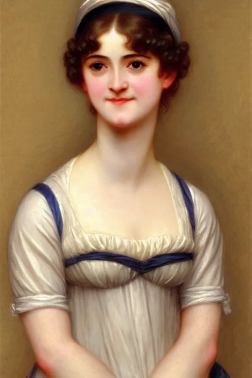 Image similar to jane austen, smile, ahaha, painting by rossetti bouguereau, detailed art, artstation