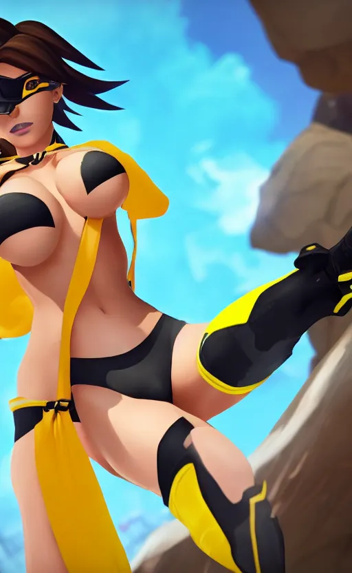 Image similar to tracer game character, in yellow bikini, blonde hair, black eyes, full height