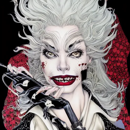 Image similar to portrait closeup of crazy cruella de vil, symmetrical, by yoichi hatakenaka, masamune shirow, josan gonzales and dan mumford, ayami kojima, takato yamamoto, barclay shaw, karol bak, yukito kishiro