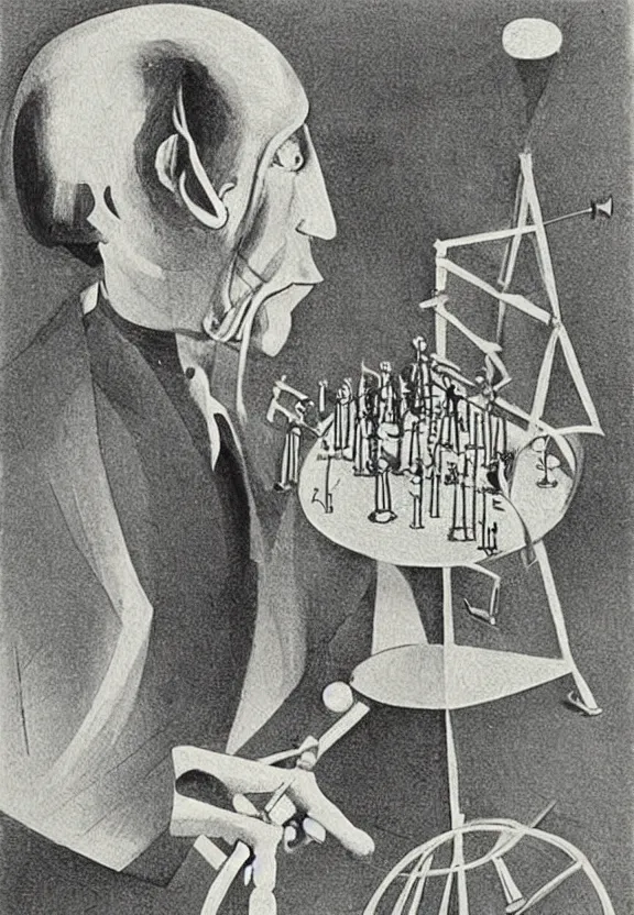 Image similar to a concept drawing of marcel duchamp holding up a chess - piece wire - machine, a surrealist painting by marcel duchamp, complex artificial - intelligence machinery, minimal sketch flow - chart, academic art, 1 9 2 0 s