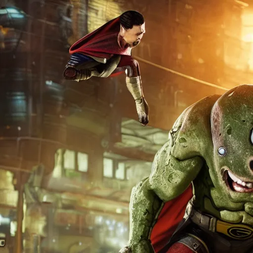 Image similar to pickle rick is flying as superman flying in ( gears of war ), splash art, movie still, detailed face, photorealistic facial features, cinematic lighting, dramatic, octane render, long lens, shallow depth of field, bokeh, anamorphic lens flare, 8 k, hyper detailed, 3 5 mm film grain