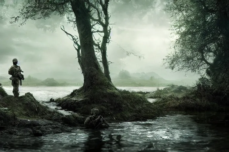 Image similar to a cinematic headshot portrait, of a squad of special soldiers emerging from the water, in a vast serene landscape, with trees and rivers, detailed, deep focus, movie still, dramatic lighting, by michal karcz and yoshitaka amano