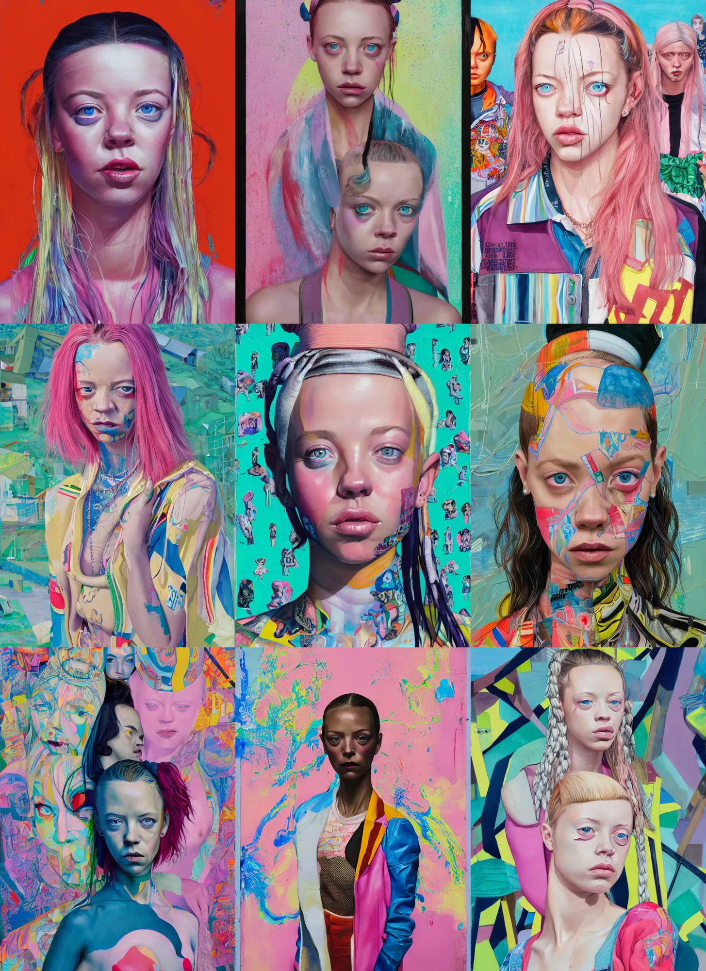 Prompt: still from music video of sydney sweeney from die antwoord standing in a township street, street fashion clothing, haute couture, full figure portrait painting by martine johanna, njideka akunyili crosby, rossdraws, pastel color palette, 2 4 mm lens