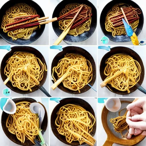 Image similar to making of an edible giraffe from noodles and soy sauce in 4 steps, starting with a bowl of noodles and ending with a noodle giraffe, each step is a progression from the last, dslr