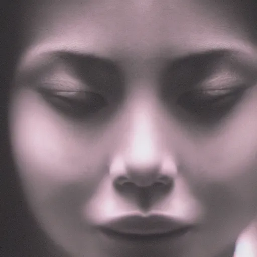 Prompt: closeup of a girl face in dark room at old crt monitor, we can see green letter reflected on her face