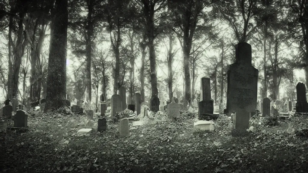 Prompt: a few tombstones in a forested cemetery with a double - exposure!!!!! close up of a person!!!!!! in victorian dress from a tim burton and wes anderson movie, style of pinhole photography,