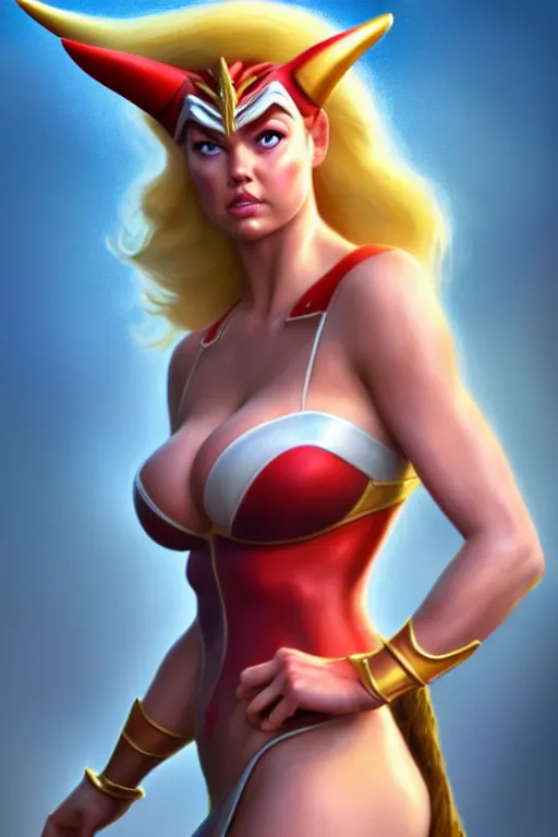 Image similar to polished sweaty she - ra : : kate upton face : : christina hendricks body : : weta disney pixar movie still photo : : hi - fructose, sci fi, fantasy, decadent highly - detailed digital painting, golden ratio, octane render, artstation, smooth, sharp focus, artgerm, mucha, loish, wlop : :