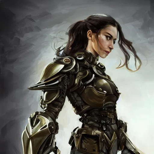 Prompt: a full-face portrait of an attractive young woman, clothed in battle armor, olive skin, long dark hair, beautiful bone structure, symmetrical facial features, intricate, elegant, highly detailed, digital painting, trending on Artstation, concept art, smooth, sharp focus, illustration, from Metal Gear by Ruan Jia and Mandy Jurgens and Artgerm and and william-adolphe bouguerea, award winning