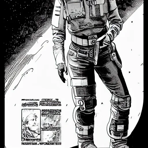 Image similar to illustration of butch tomboy stoic emotionless square - jawed heroic blonde woman wearing patched ripped dirty flight suit, staggering across desert on hostile extraterrestrial planet, pen and ink, ron cobb, mike mignogna, comic book, black and white, science fiction, punk, grunge, used future, illustration, comic book cover, - ar 1 6 : 9