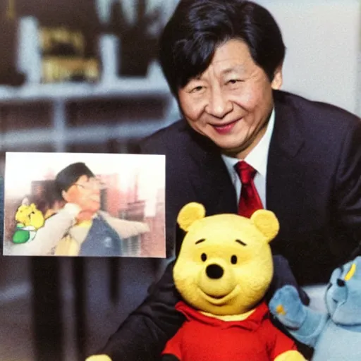 Prompt: polaroid photograph and ccp president xi jing ping pictured with winnie the pooh