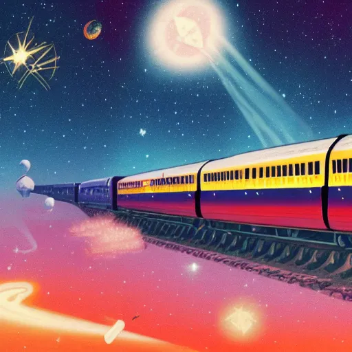 Image similar to a retro sci fi wallpaper of a train flying through space, train centered in the picture, space and stars only
